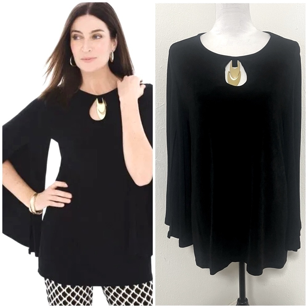 Travelers by Chico's Women’s Size Large Elegant Black Blouse Gold Accent EUC